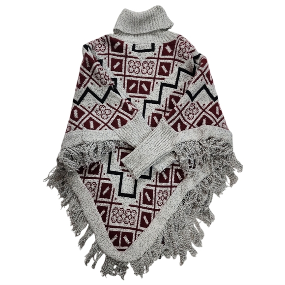 Geometric Fringe Poncho Sweater with Turtleneck Burgundy Gray Boho Style - Picture 3 of 6